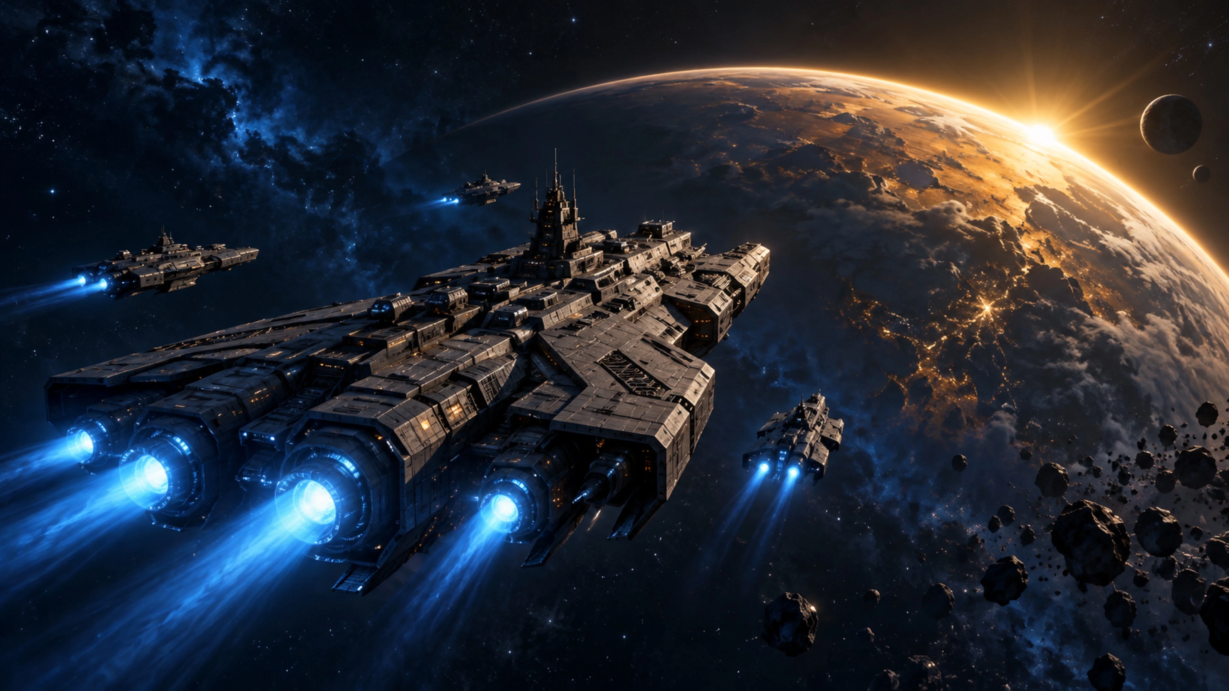 VoidMarch capital ships with blue engines approaching a sunlit planet