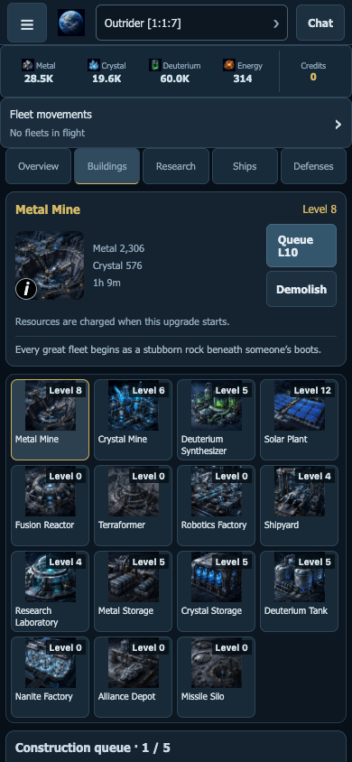 Buildings screen with a level 8 Metal Mine, resource costs and the construction queue
