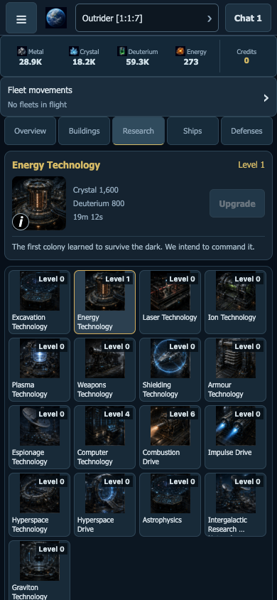 Research screen with Energy Technology selected and the available technology tree