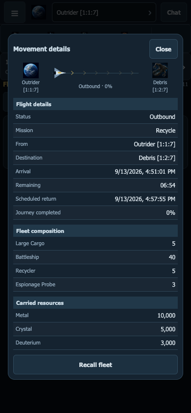 Fleet-saving departure carrying battleships, cargo ships and saved metal, crystal and deuterium, with arrival and return times shown